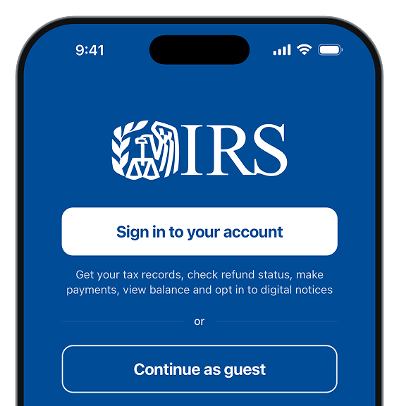 IRS app showing your tax records, refund status, payments, balance, and digital notices